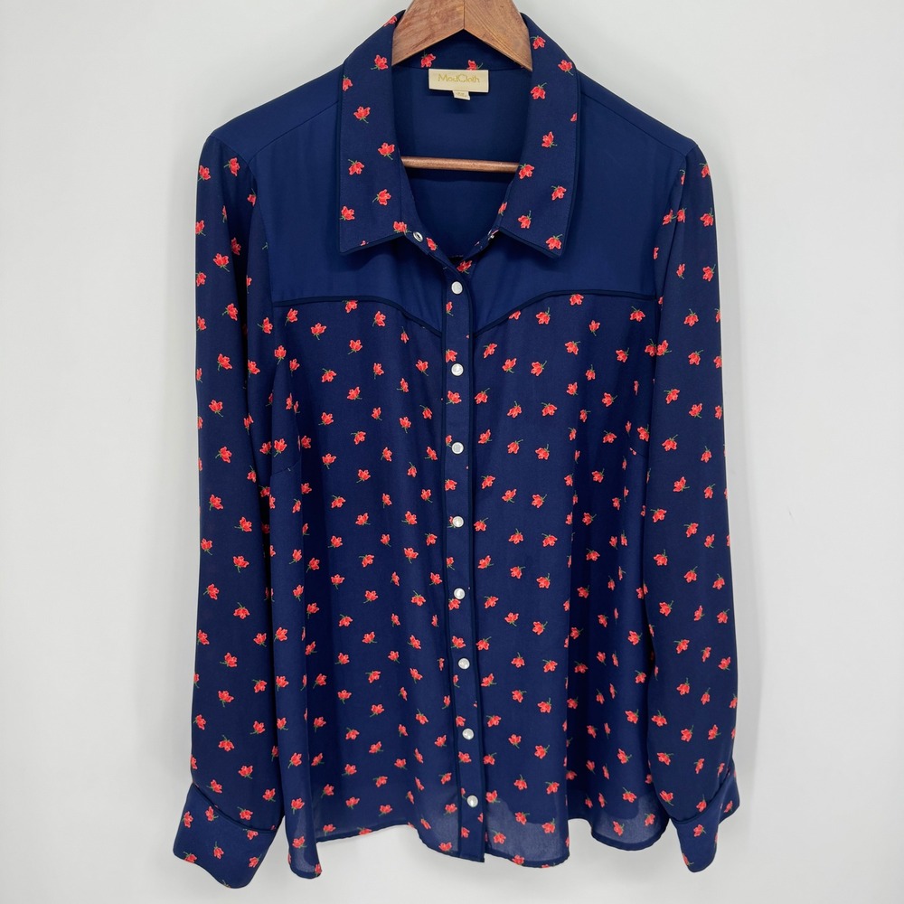 ModCloth Button Down Blouse Womens 2X Blue Floral Western Cottage Retro Feminine